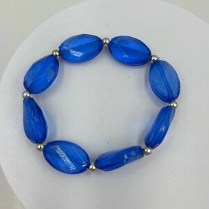 Vintage Cobalt Blue Faceted Bead Bracelet Silver Tone Spacers Bold Statement